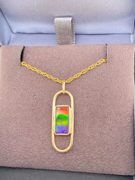 Ammolite Gold Pendant with a Rectangle Gemstone Right View PN E21443