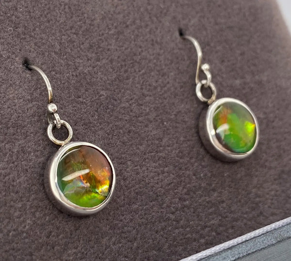Ammolite Round Dangle Earrings set in Silver PN E10412 %product from Empire Ammolite