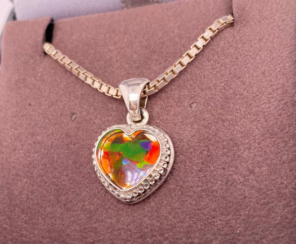Ammolite Silver Pendant with Heart Shaped Setting Left View PN AZ007 