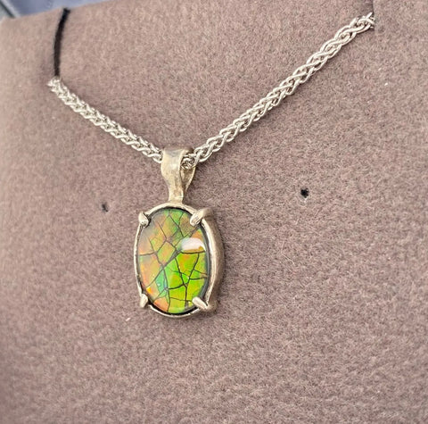 Ammolite Silver Petite Oval Pendant Right View PN E20123 