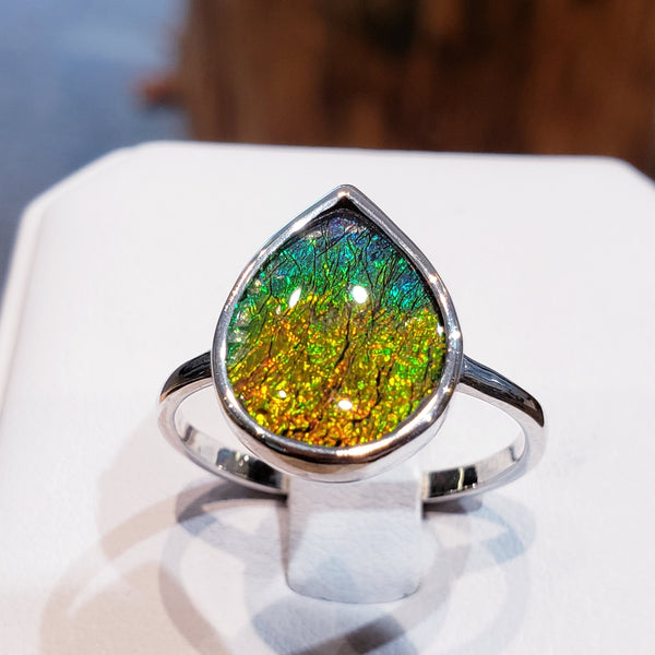 Ammolite Prosperity Line Pear Silver Ring PN: E1366Q %product from Empire Ammolite