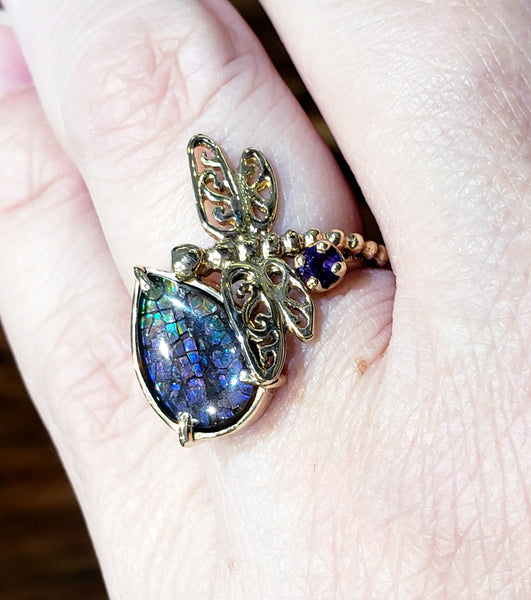 Dragonfly Ring With Ammolite And Amethyst PN. E20542 %product from Empire Ammolite