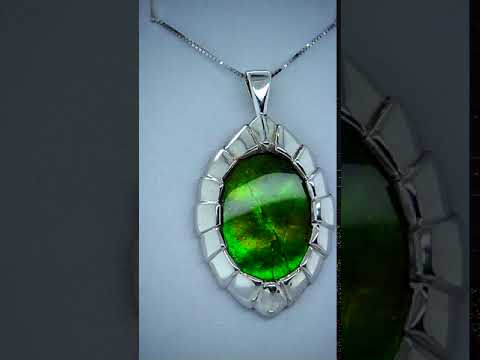 Ammolite 18x25mm Pendant Video Set in Sterling Silver with Green, Blue and Gold Colour